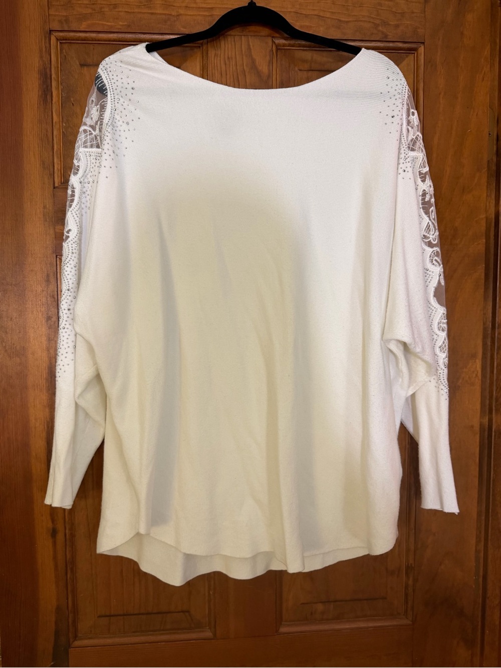 Tahari Women 1X White Sweater Rhinestone Lace Sleeve Embellished Plus Size